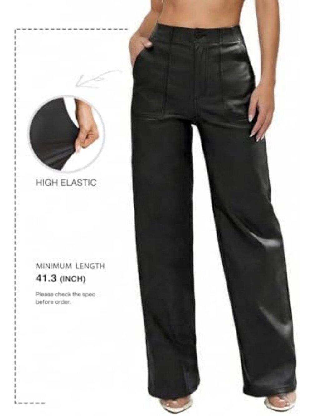 Trendy High Waisted Faux Leather Pants for Women | Coated PU Straight Leg Black - Picture 3 of 6